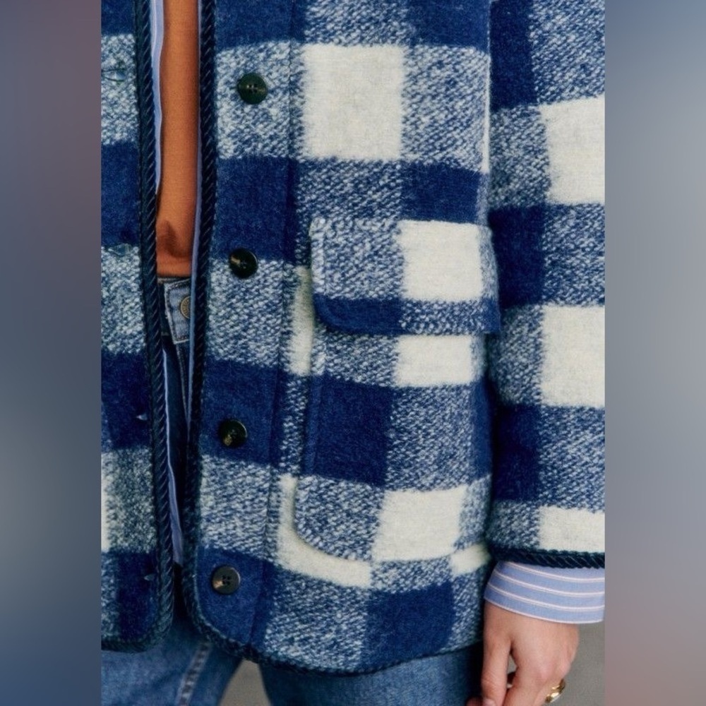 Sézane Farel Wool Check Reversible Jacket Blue Ecru 40 NWT - Picture 9 of 11